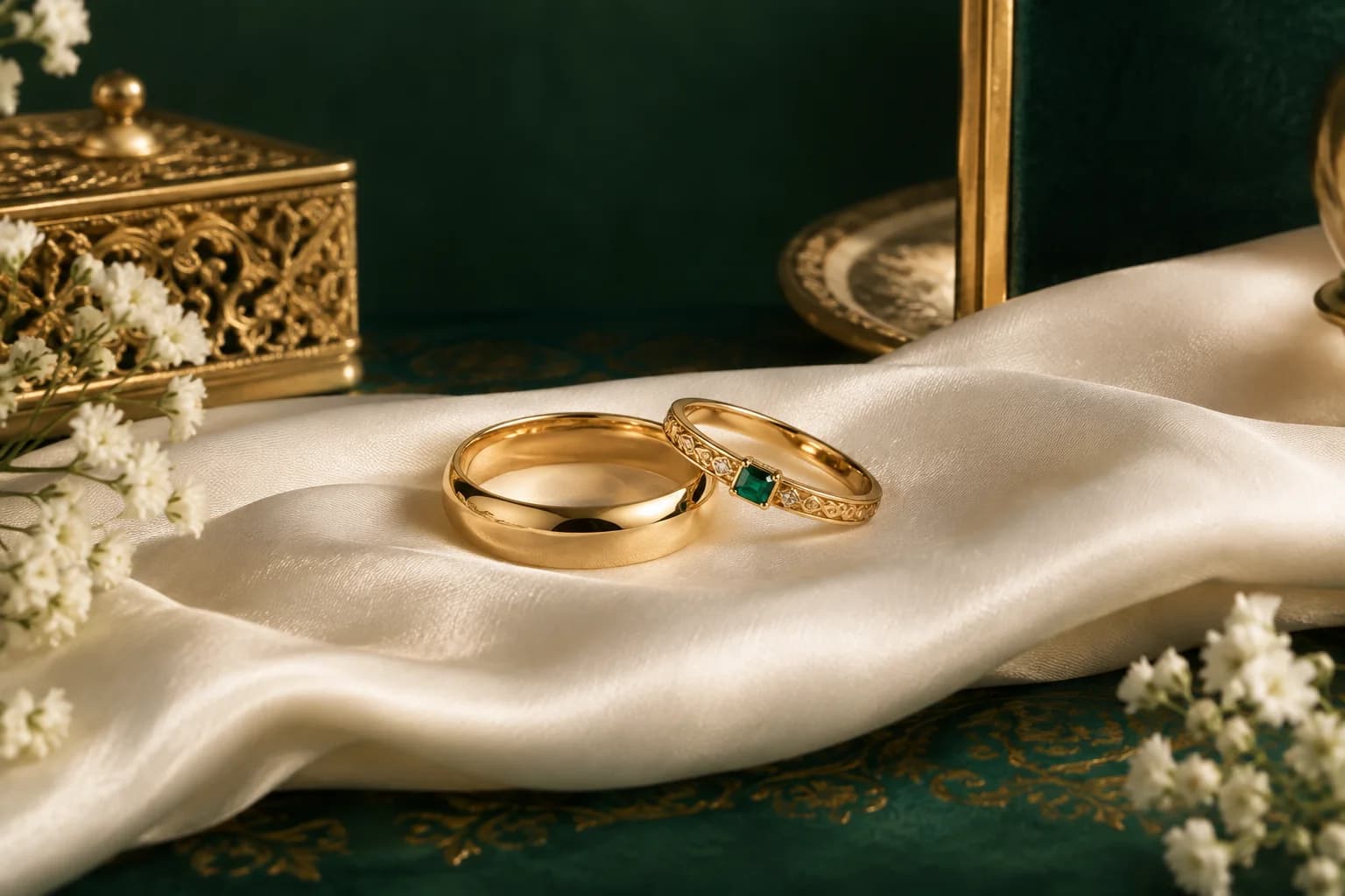 Two gold rings, including an engraved emerald-accented ring, on ivory silk.