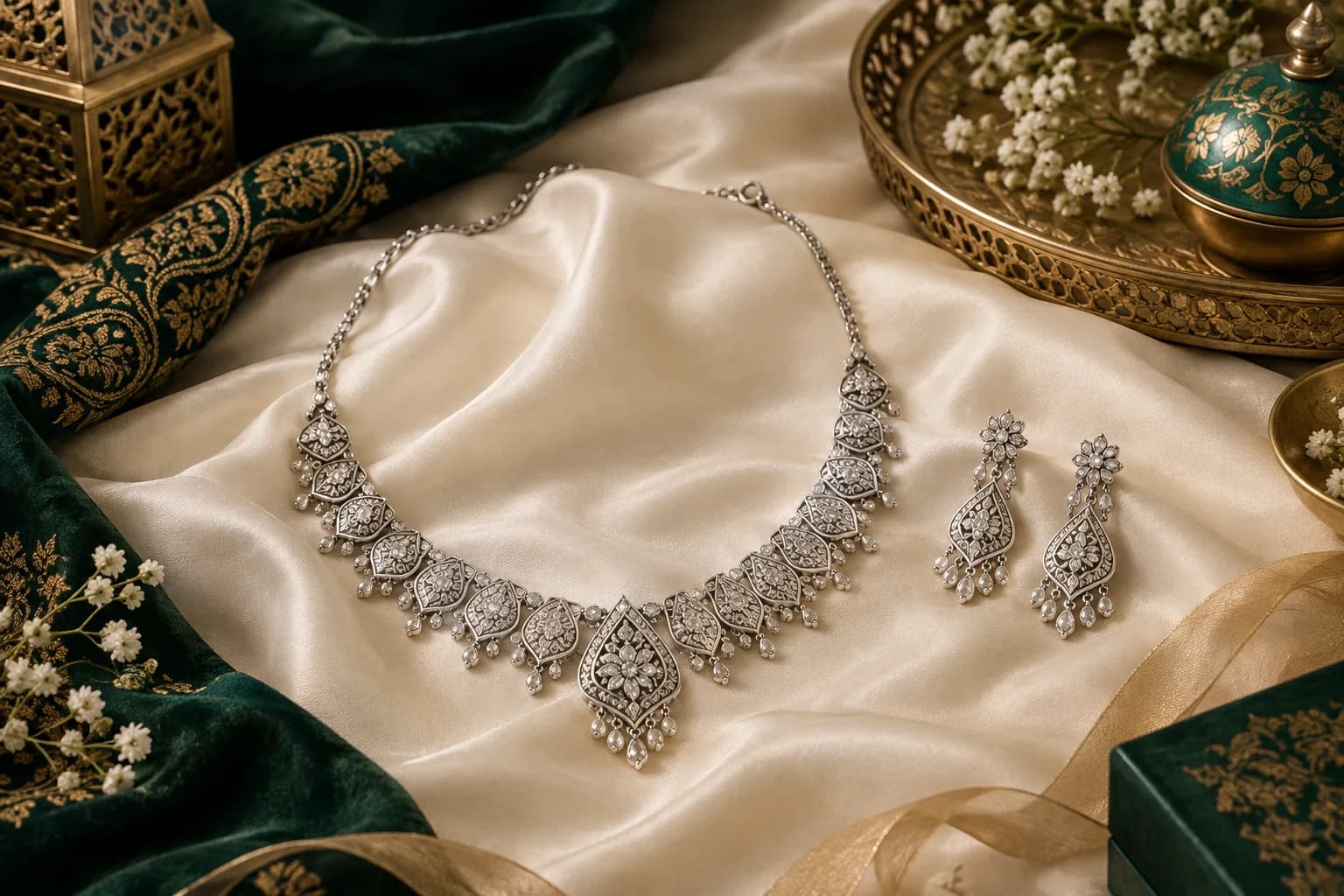 Engraved silver necklace and matching earrings arranged on ivory silk.