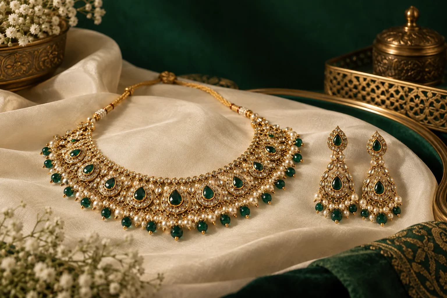 Gold necklace and matching earrings with emerald and pearl details on ivory silk.