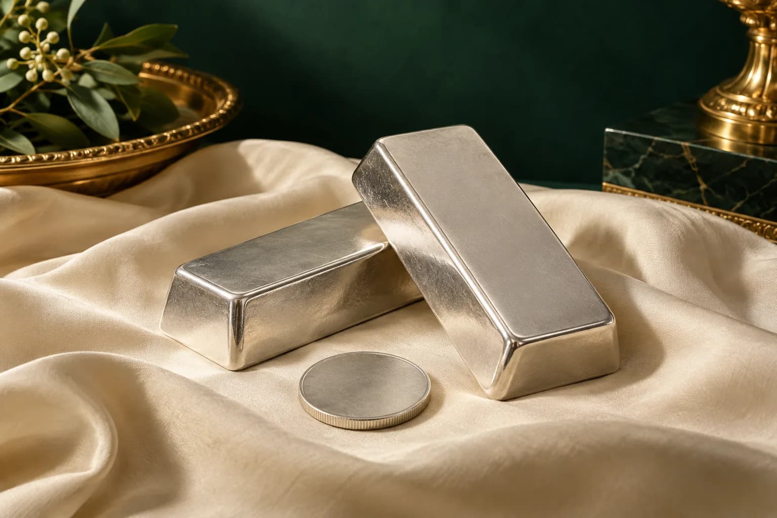 Two plain silver bullion bars and a coin arranged on ivory cloth with deep emerald styling.