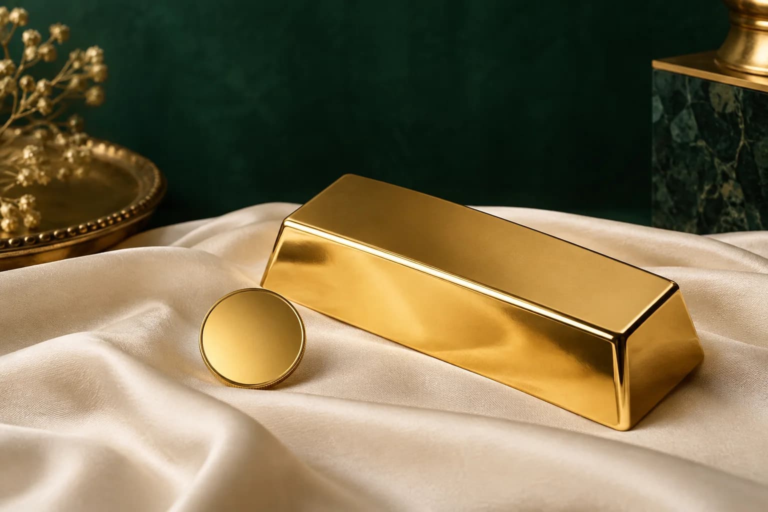 Plain gold bullion bar and coin arranged on ivory cloth with deep emerald styling.