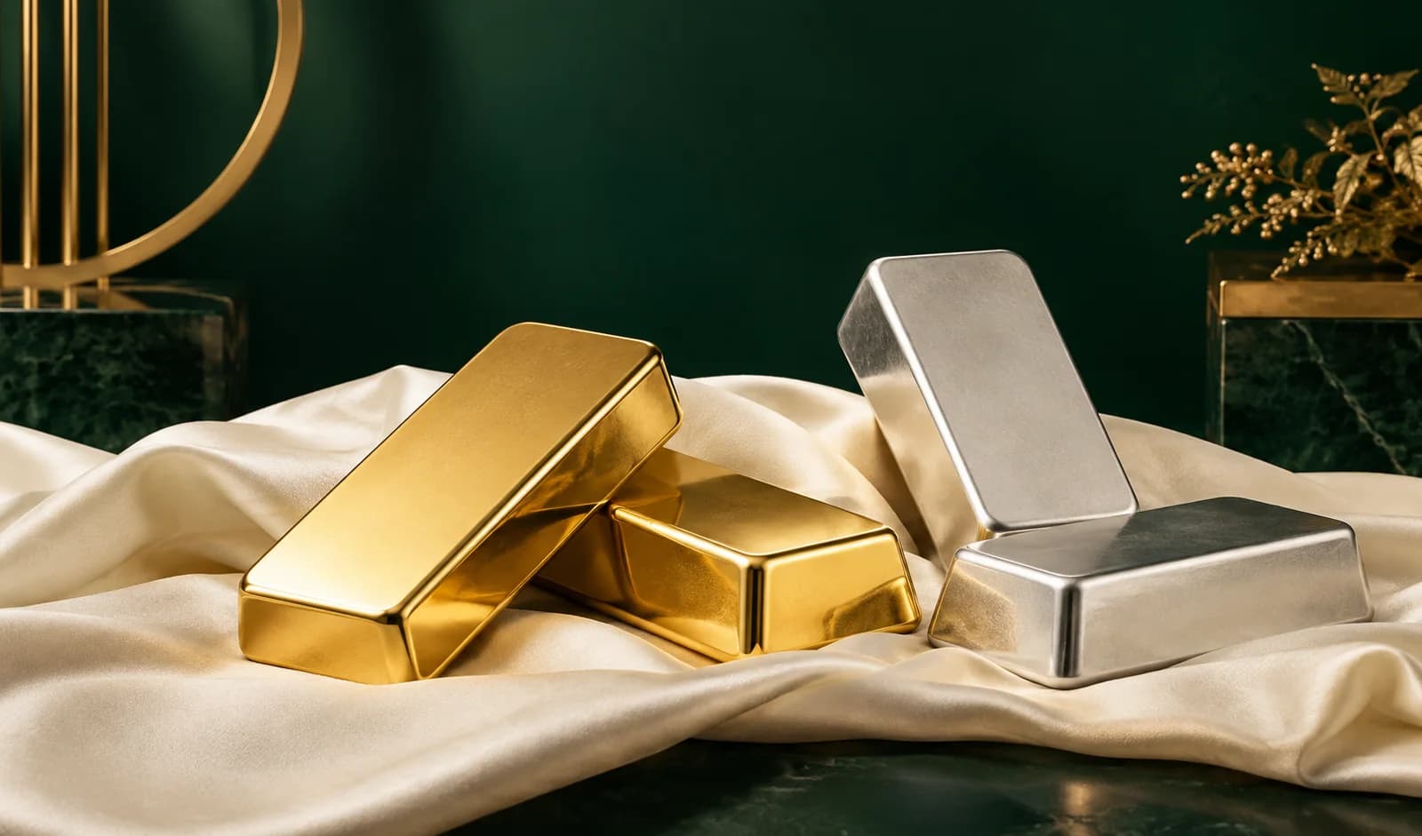 Gold and silver bullion bars arranged on ivory cloth with deep emerald styling.