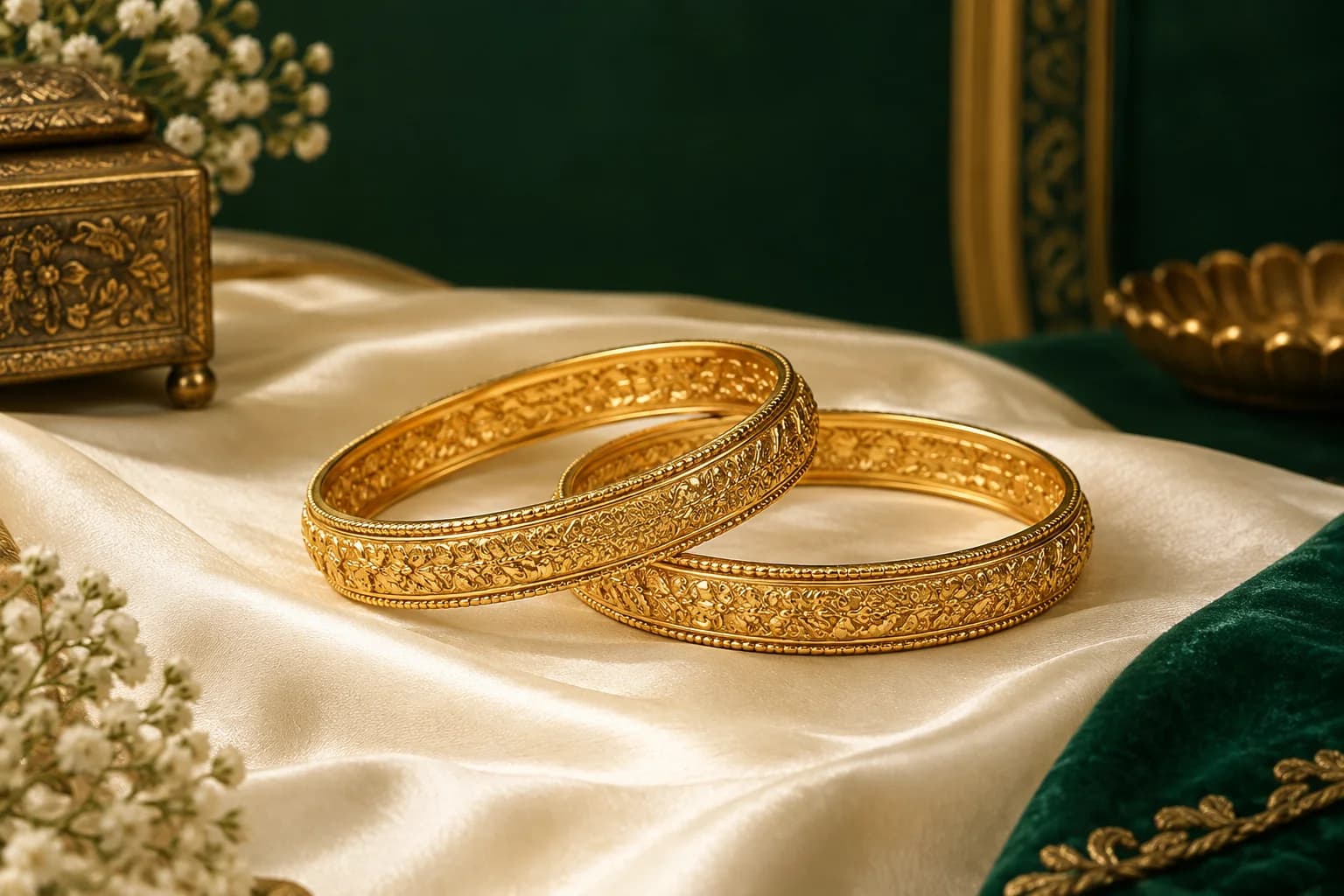 Pair of engraved gold bangles arranged on ivory silk with deep emerald styling.