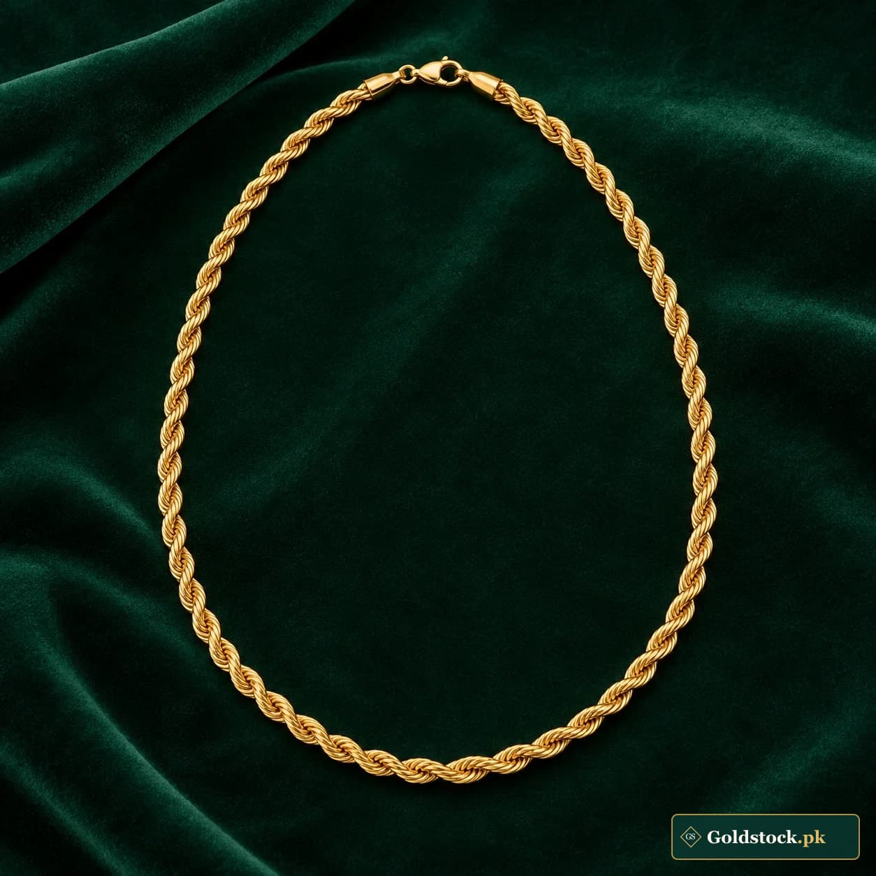 Raqs Rope Chain: an unadorned gold-tone neck chain with a tightly twisted rope-like link pattern