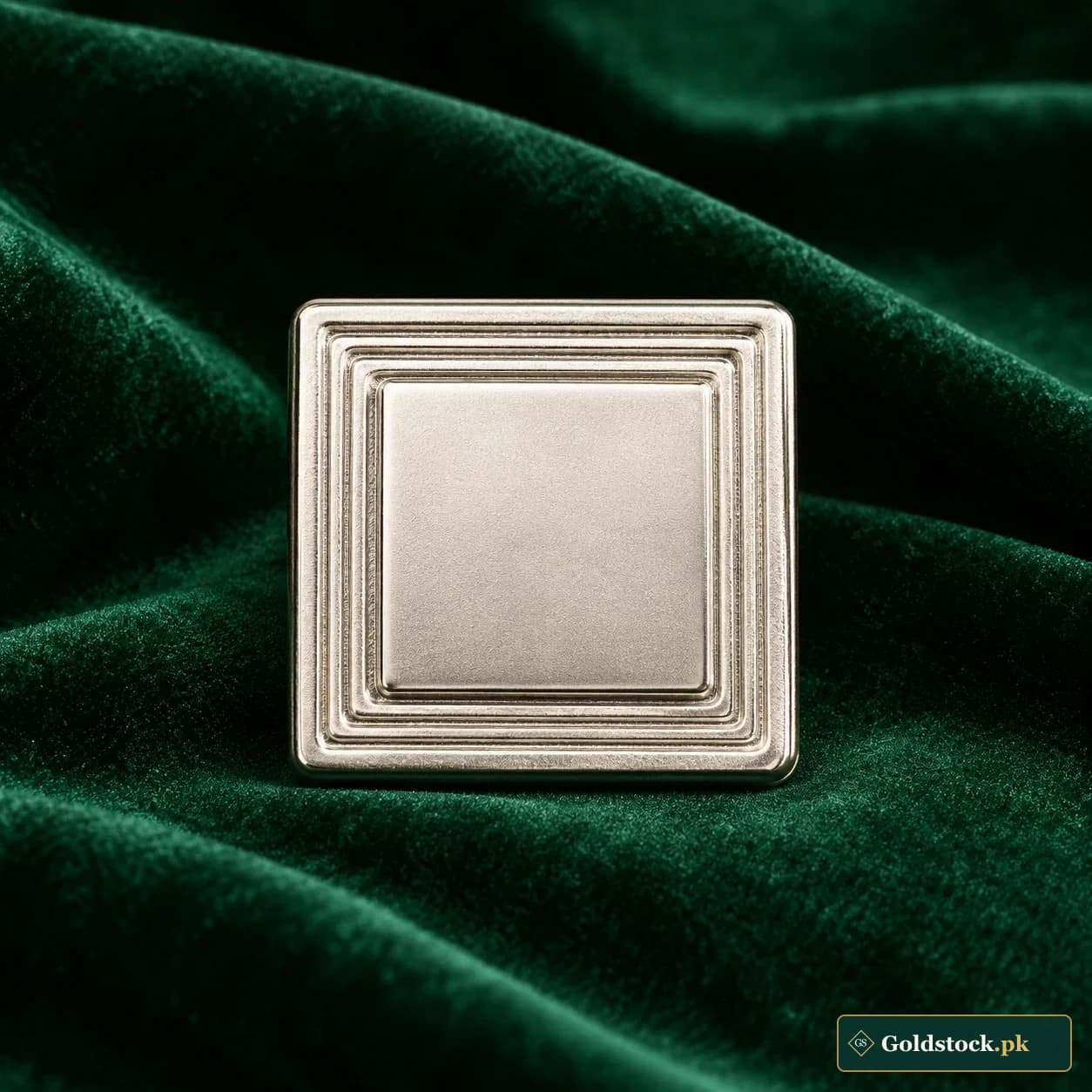 Silver Stepped Bullion Tile: a silver-tone square bullion form with a raised blank central panel and stepped border