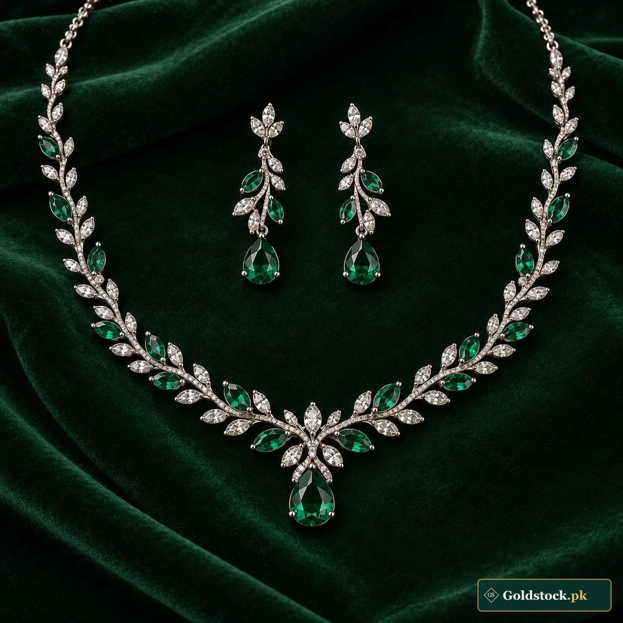 Saba Fern Silver Set: a matching silver-tone necklace and earrings with delicate branching fern-shaped links