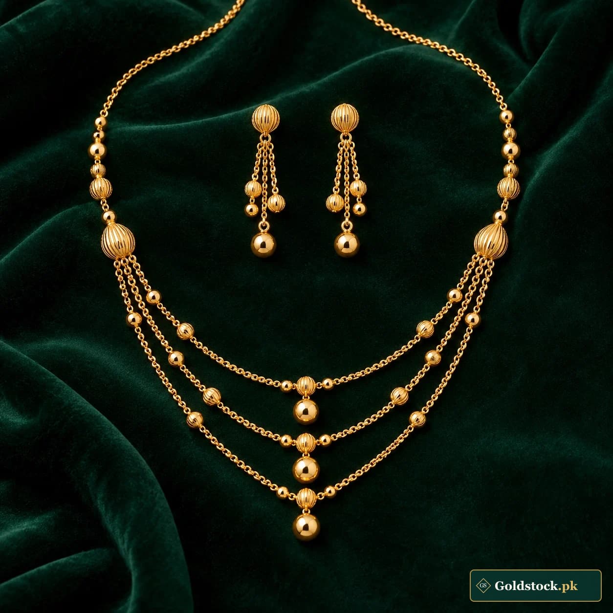 Resham Draped Gold Set: a matching gold-tone necklace and earrings with fine draped chains and rounded end drops