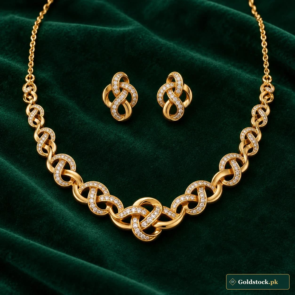 Silsila Knot Gold Set: a matching gold-tone necklace and earrings with open interlocking knot motifs