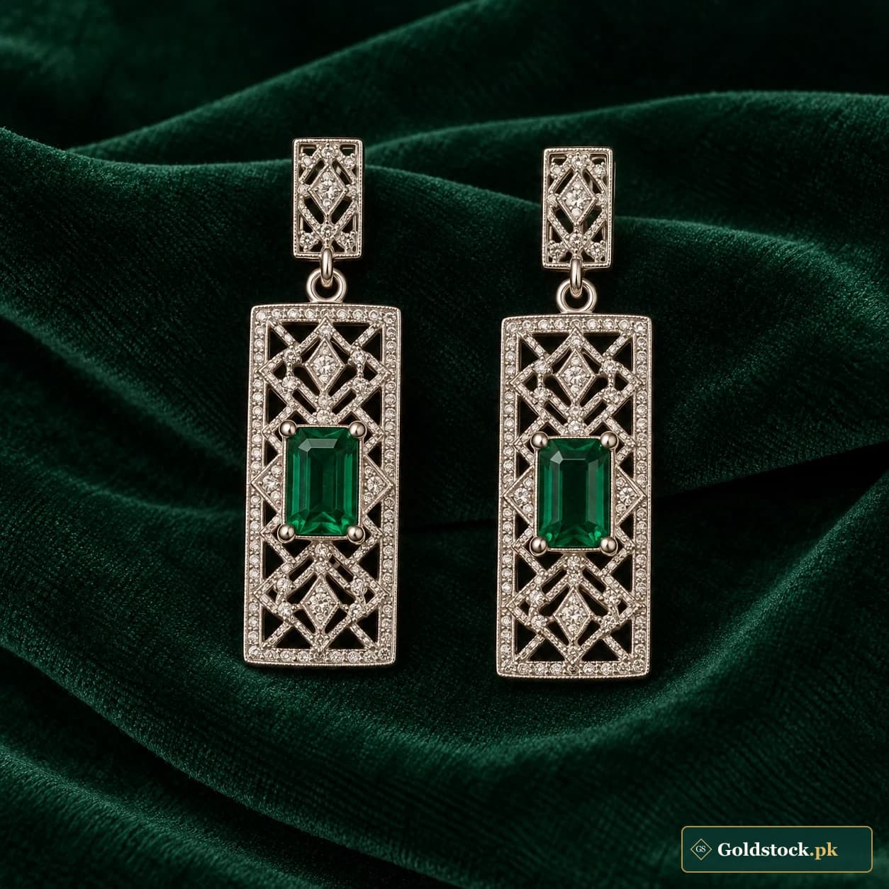 Rida Lattice Drop Earrings: a pair of silver-tone rectangular drop earrings with fine geometric latticework