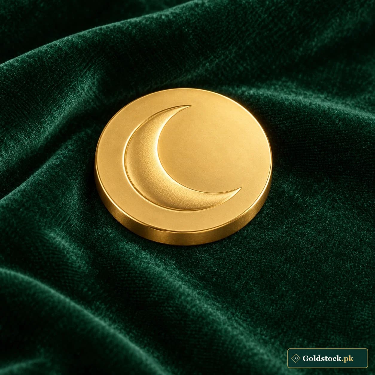 Crescent-Relief Gold Bullion Round: a solid gold-tone circular bullion form with a shallow crescent relief on its otherwise blank face