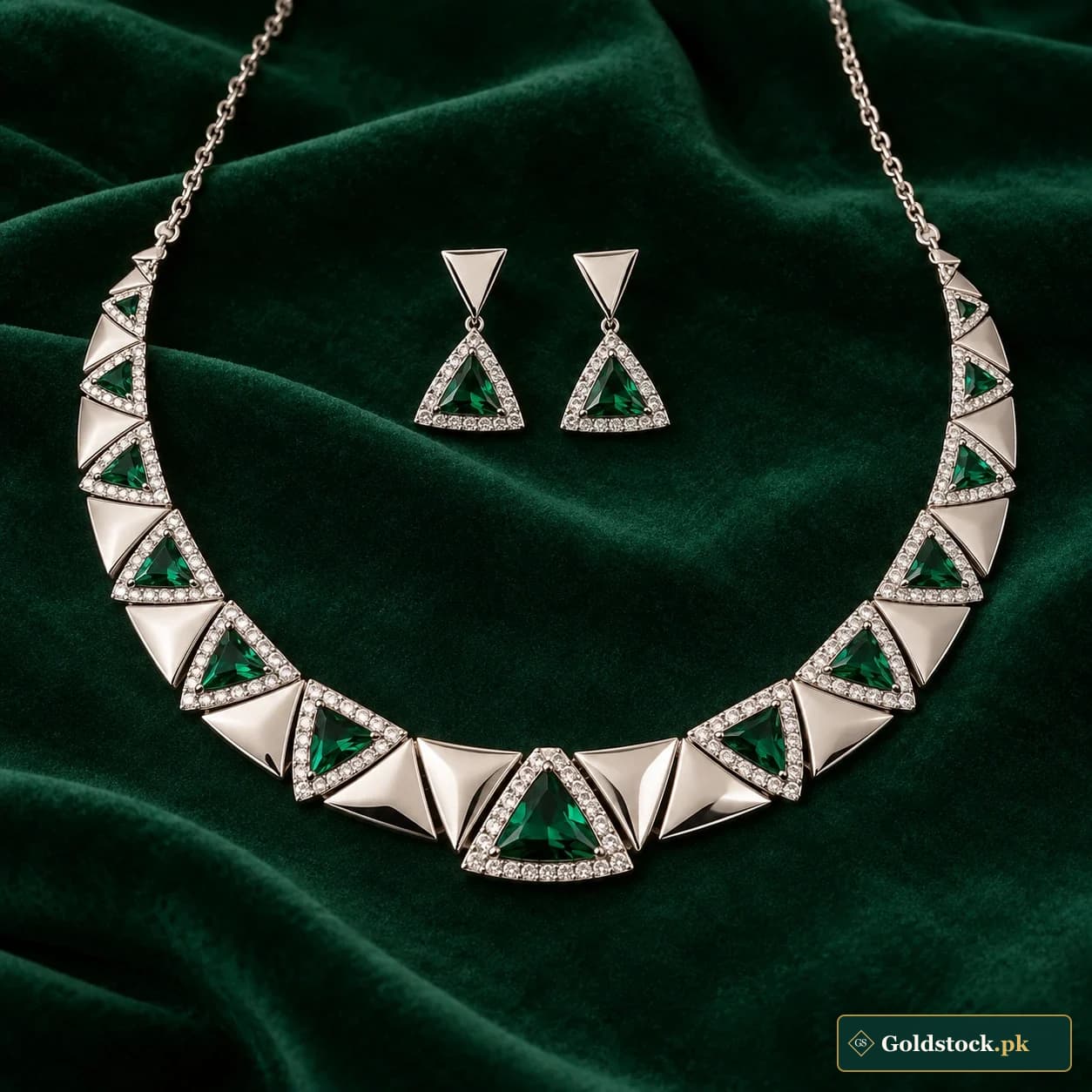 Barq Angular Silver Set: a matching silver-tone necklace and earrings with alternating polished triangular panels