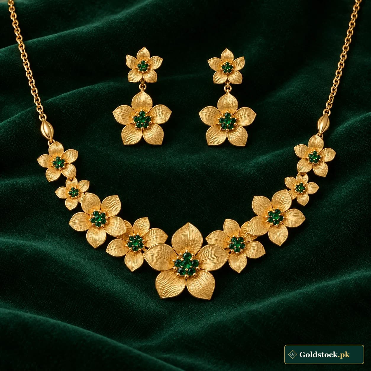 Gulbahar Petal Gold Set: a matching gold-tone necklace and earrings with layered five-petal flower panels