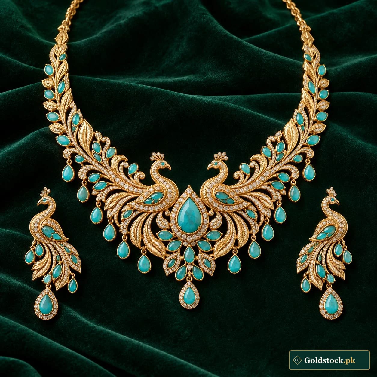 Zarnigar Peacock Bridal Set: an ornate gold-tone bridal necklace and matching earrings with sweeping peacock-inspired shapes and turquoise-coloured accents