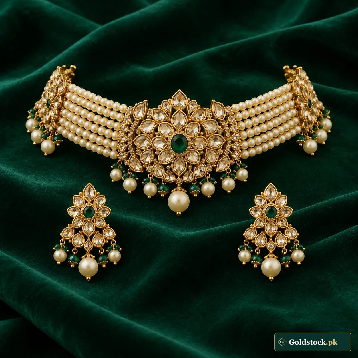 Rukhsar Pearl-Accent Bridal Set: a gold-tone bridal choker and matching earrings with cream pearl-like bead rows and a central floral plaque