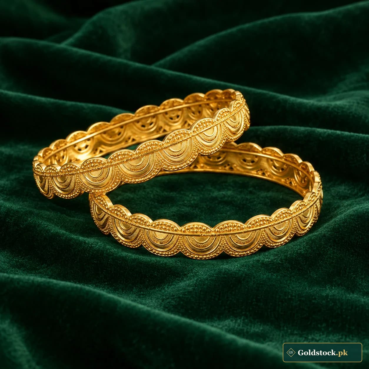 Gulrang Scallop Bangles: a pair of gold-tone bangles with repeating scalloped edges and fine engraved arcs