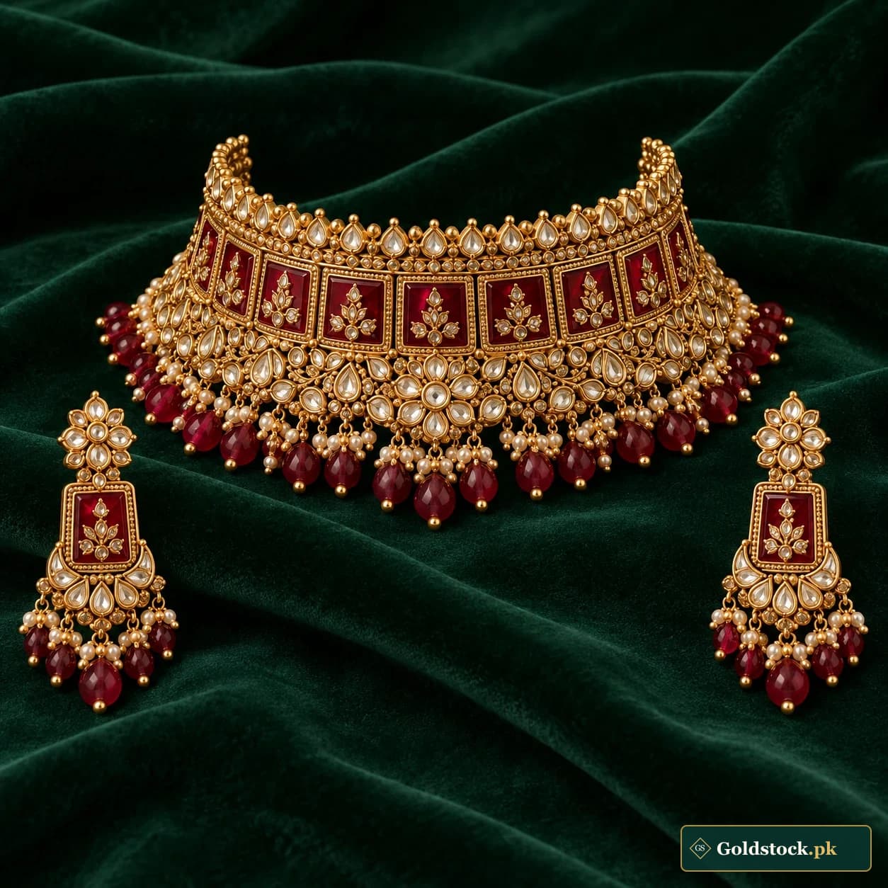 Mumtaz Crimson Bridal Set: an ornate gold-tone bridal choker and matching earrings with deep crimson decorative panels and small dangling beads