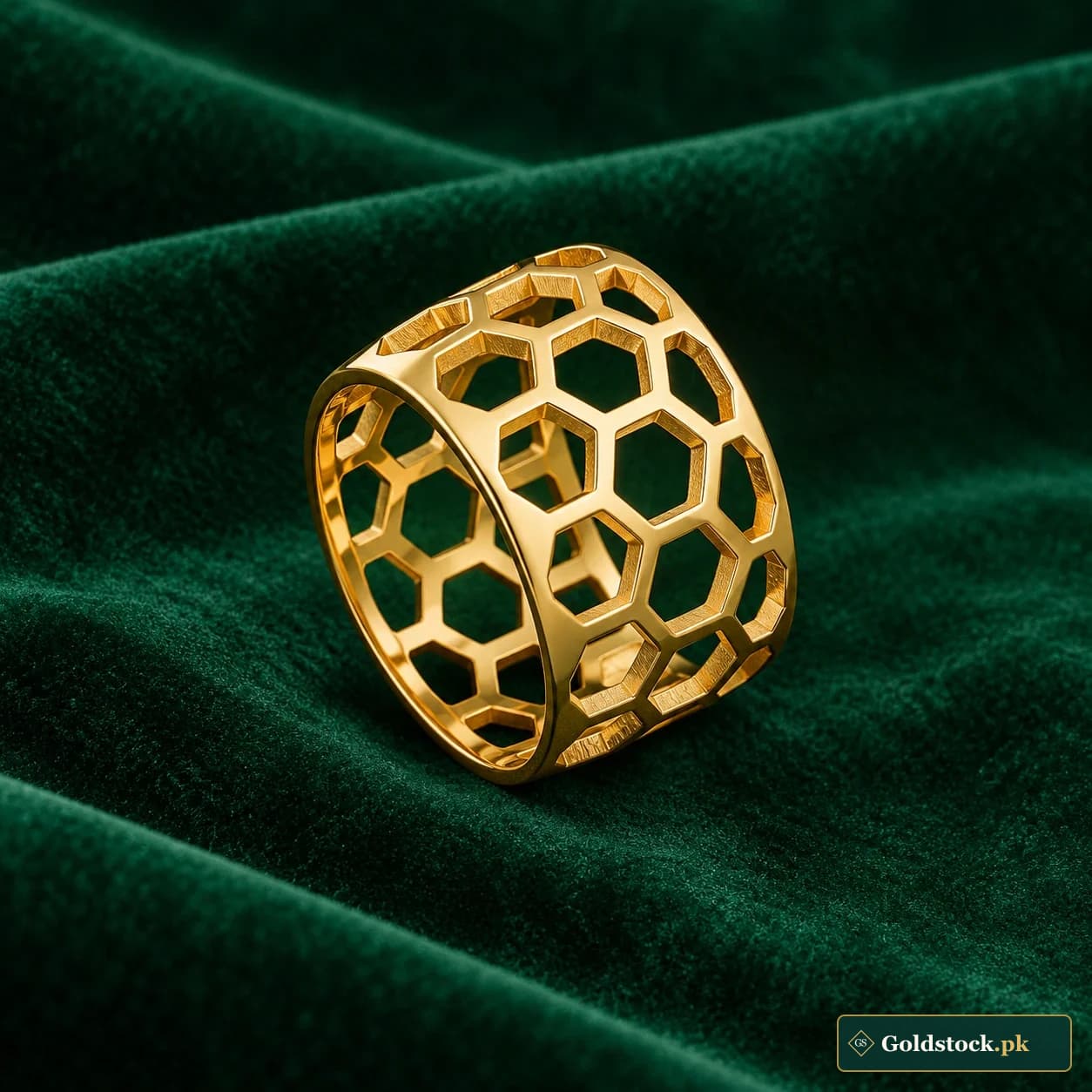 Nawal Honeycomb Ring: a gold-tone wide-band ring with open honeycomb-shaped cells