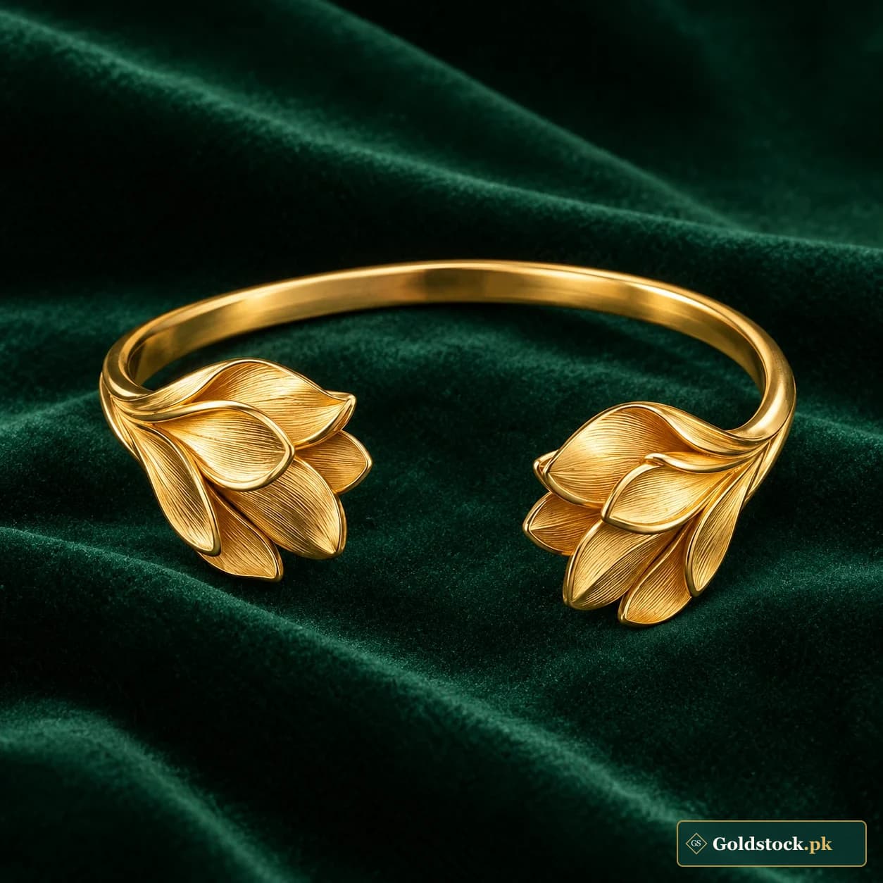 Alina Petal Cuff: an open gold-tone cuff bracelet with overlapping sculpted petals at each end