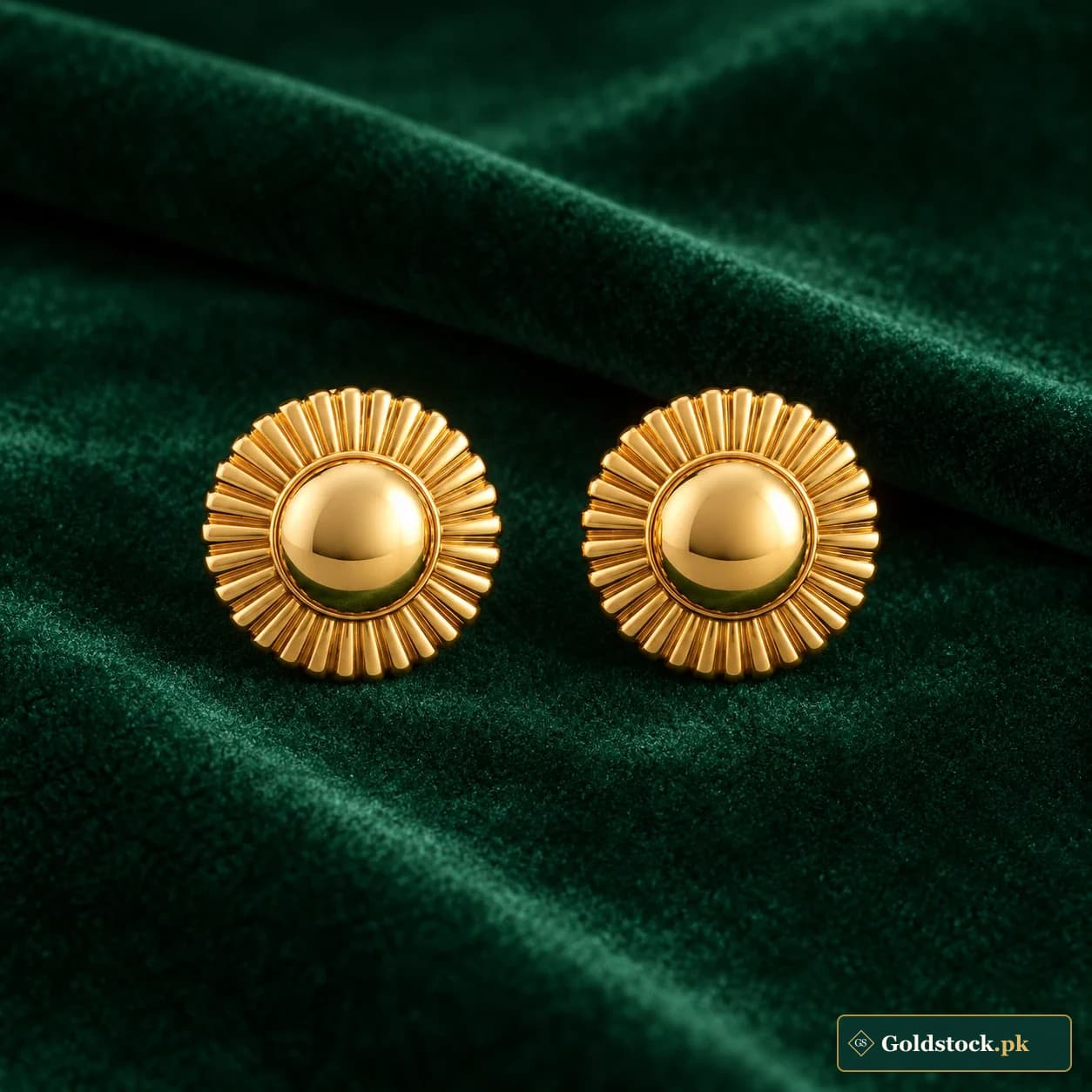 Zoya Sunray Stud Earrings: a pair of gold-tone stud earrings with ridged sunray edges and plain domed centres