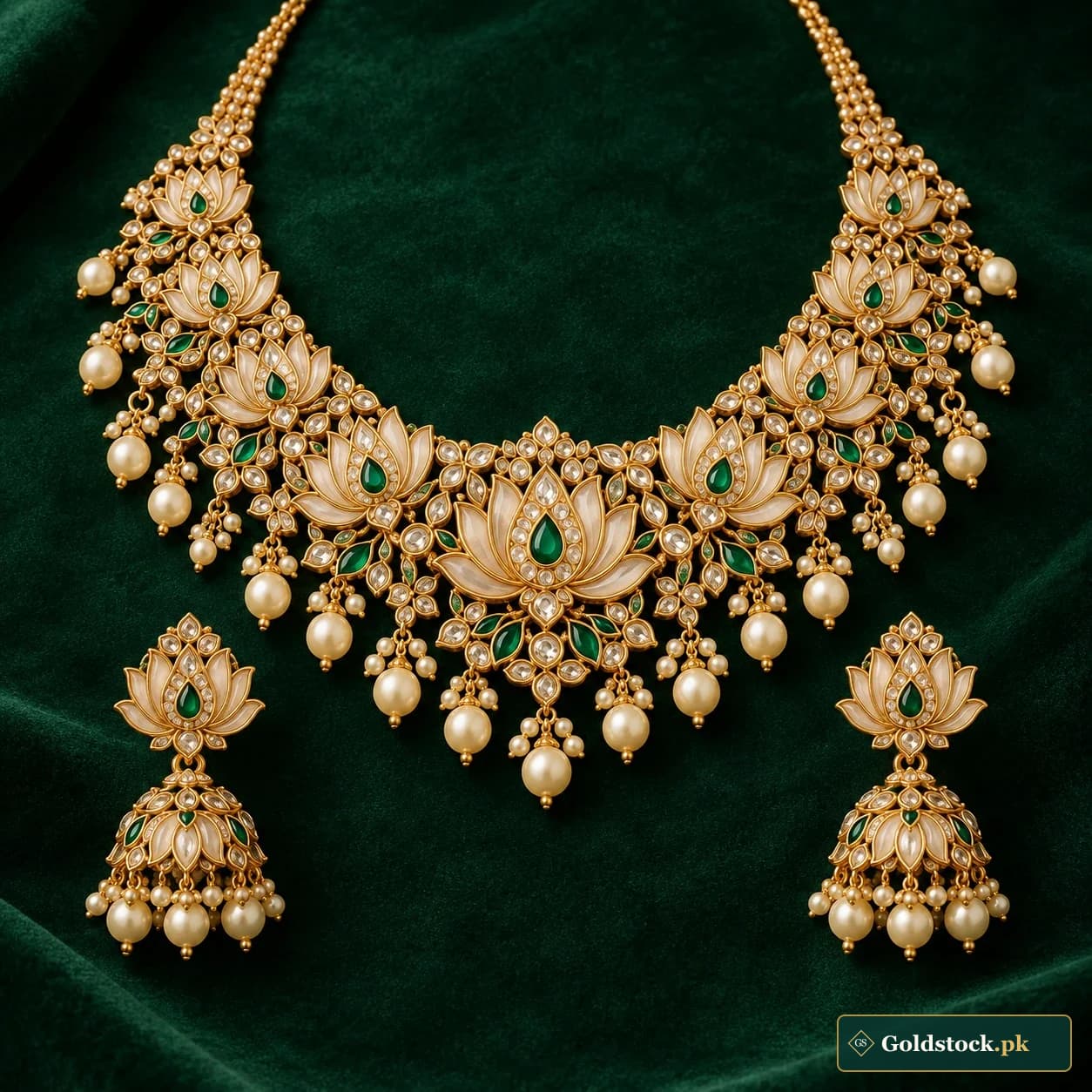 Shehzadi Lotus Bridal Set: an ornate gold-tone bridal necklace and matching earrings with layered lotus motifs and cream bead drops