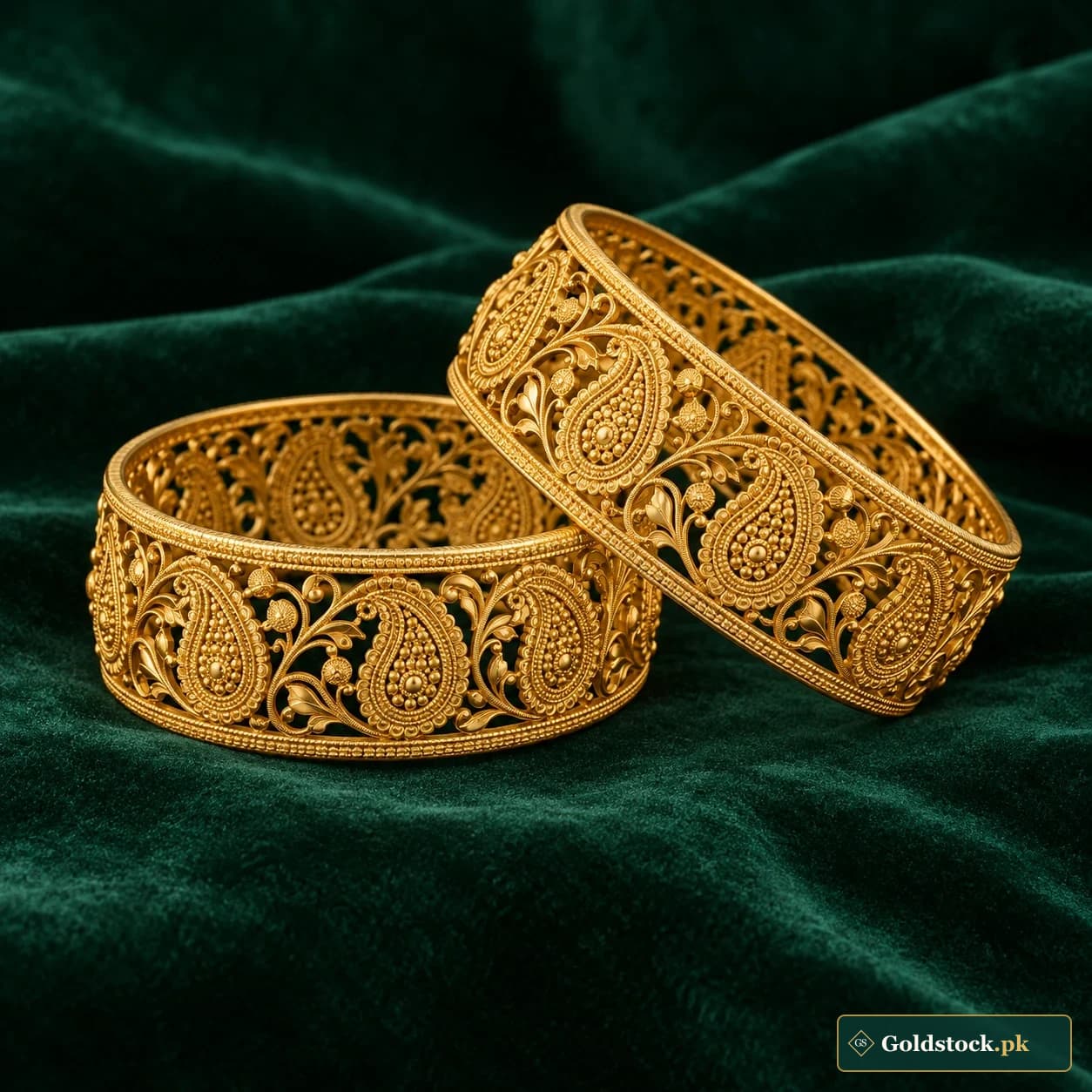 Naaz Paisley Bangles: a pair of wide gold-tone bangles with delicate paisley-shaped openwork