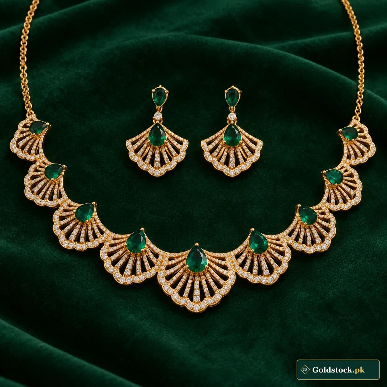 Anarkali Fan Gold Set: a matching gold-tone necklace and earrings with scalloped fan-shaped openwork panels