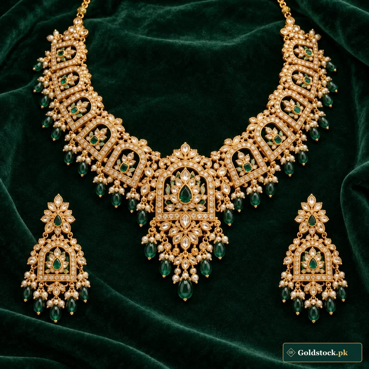 Sultana Arch Bridal Set: an ornate gold-tone bridal necklace and matching earrings with repeated arched openwork panels and a broad central drop