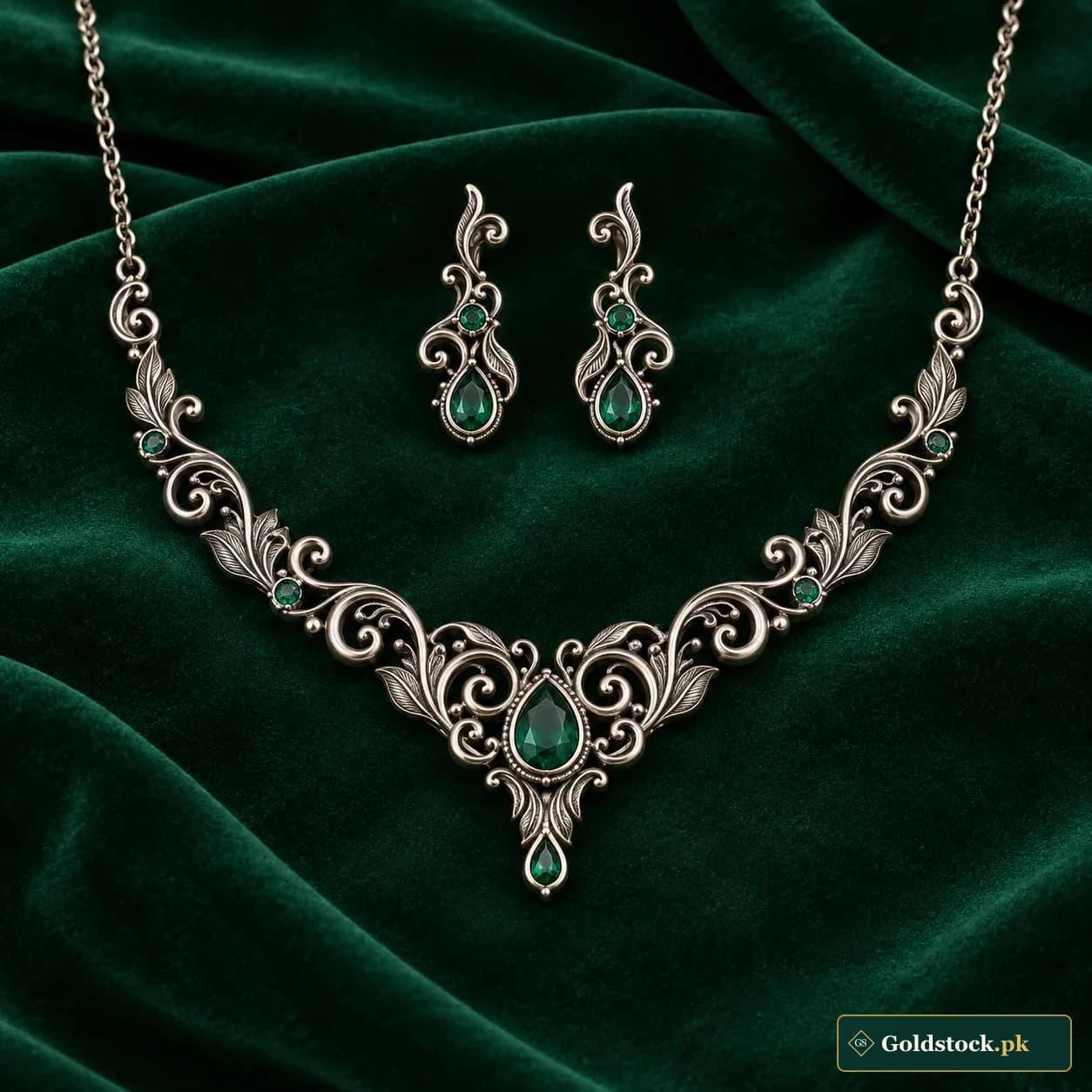 Sumbul Scroll Silver Set: a matching silver-tone necklace and earrings with darkened recessed scroll patterns and curled edges
