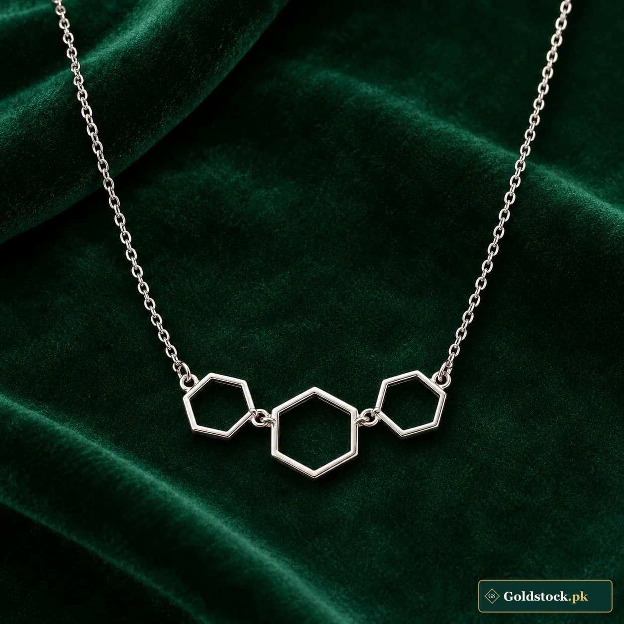 Nazia Hexagon Necklace: a silver-tone necklace with a trio of linked open hexagonal shapes