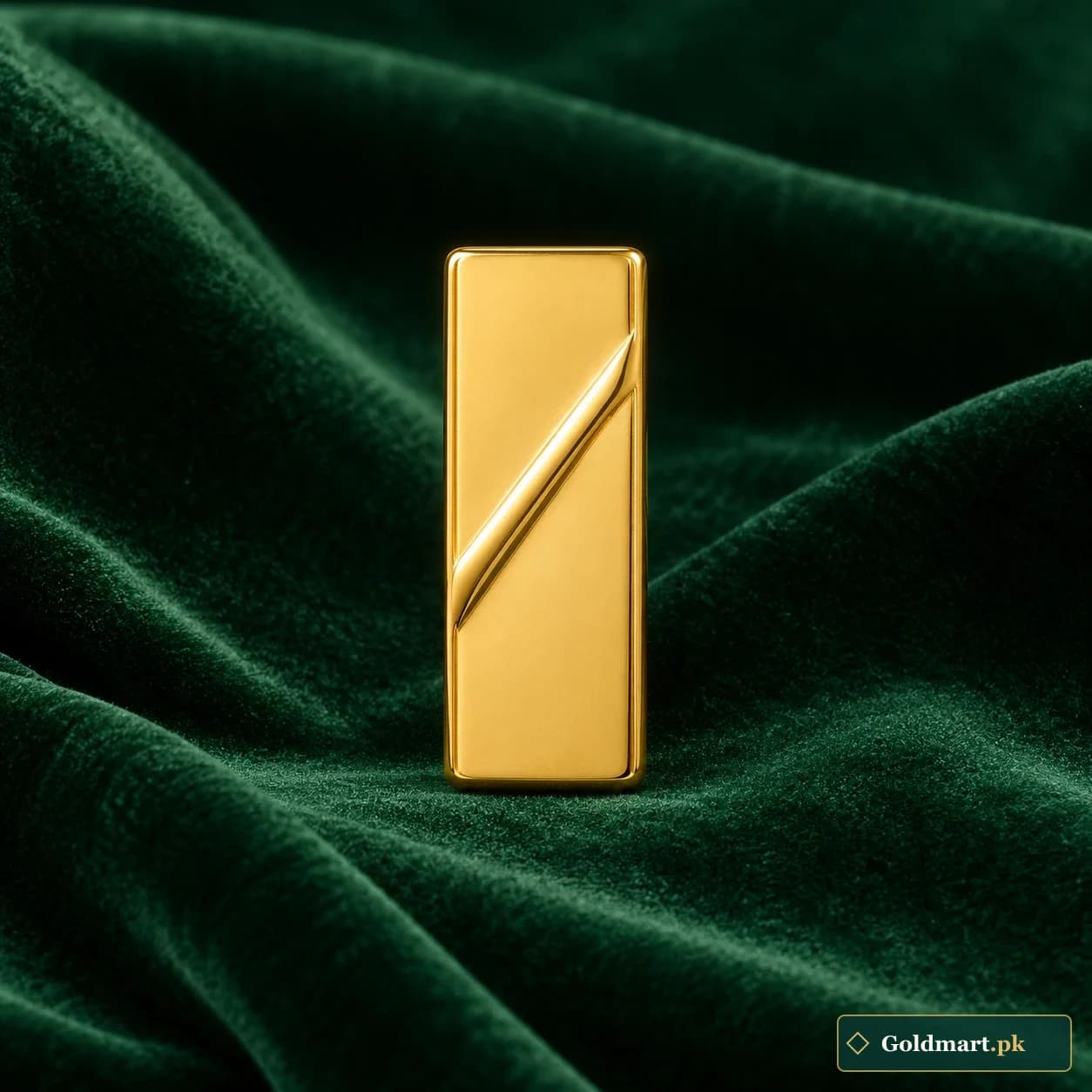 Ribbon Gold Ingot: a slim gold-tone rectangular bullion form with a single raised diagonal ridge on its blank face
