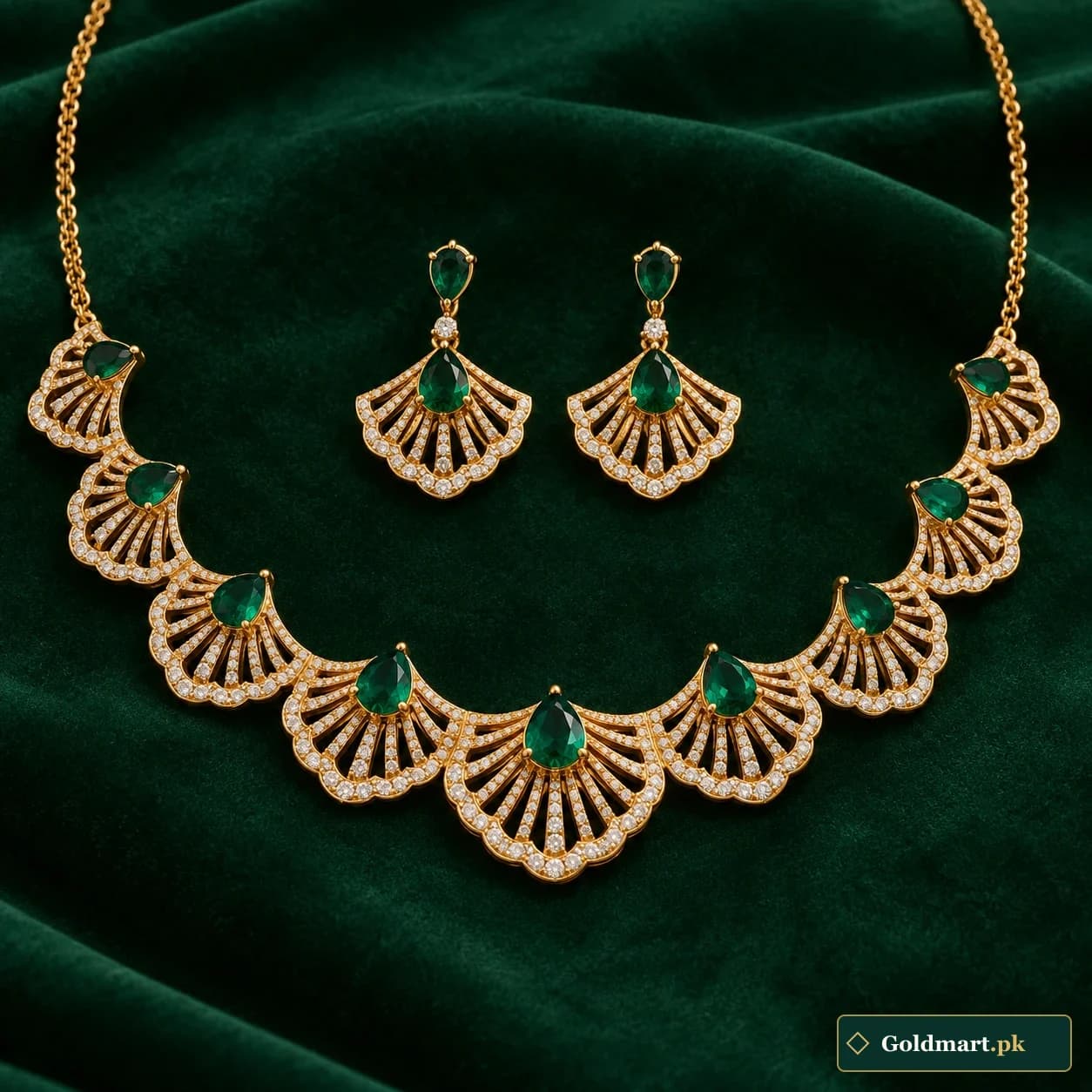 Anarkali Fan Gold Set: a matching gold-tone necklace and earrings with scalloped fan-shaped openwork panels