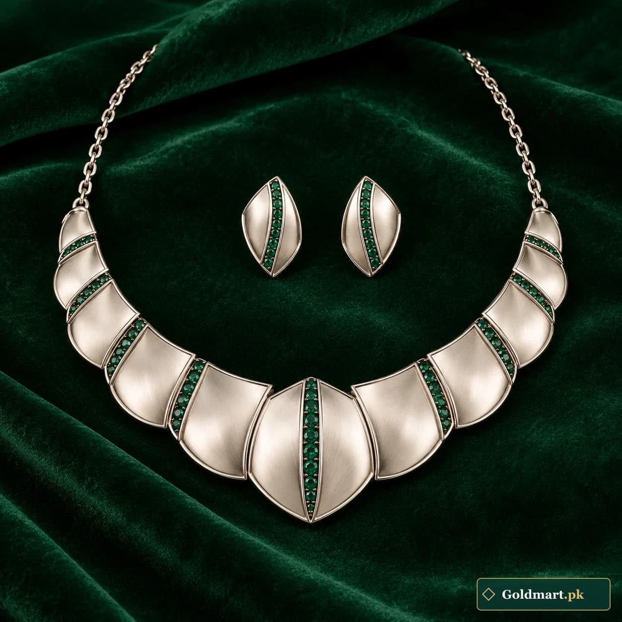 Aina Mirror Silver Set: a matching silver-tone necklace and earrings with broad smooth shield-shaped panels