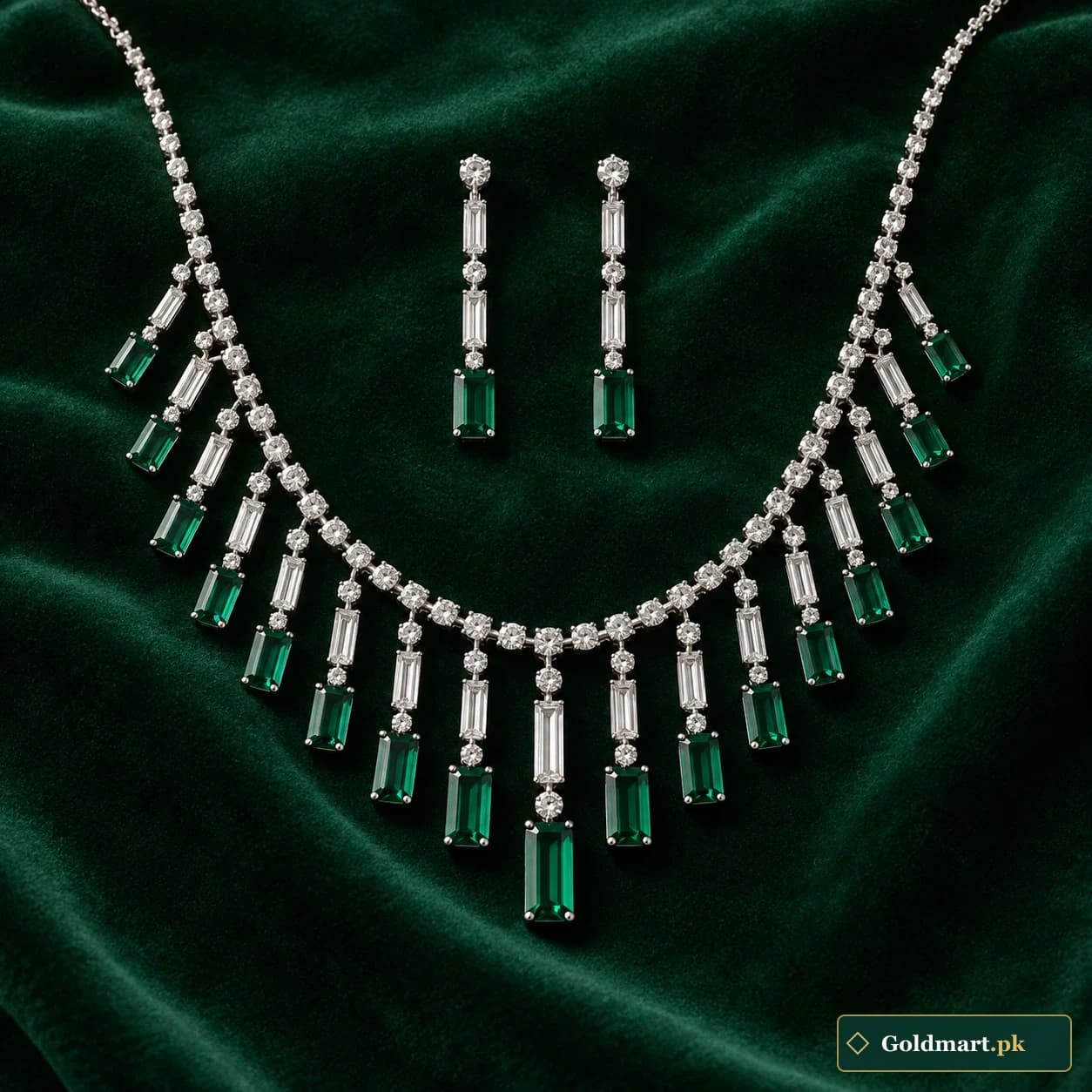 Nehir Cascade Silver Set: a matching silver-tone necklace and earrings with tiered slender rectangular drops
