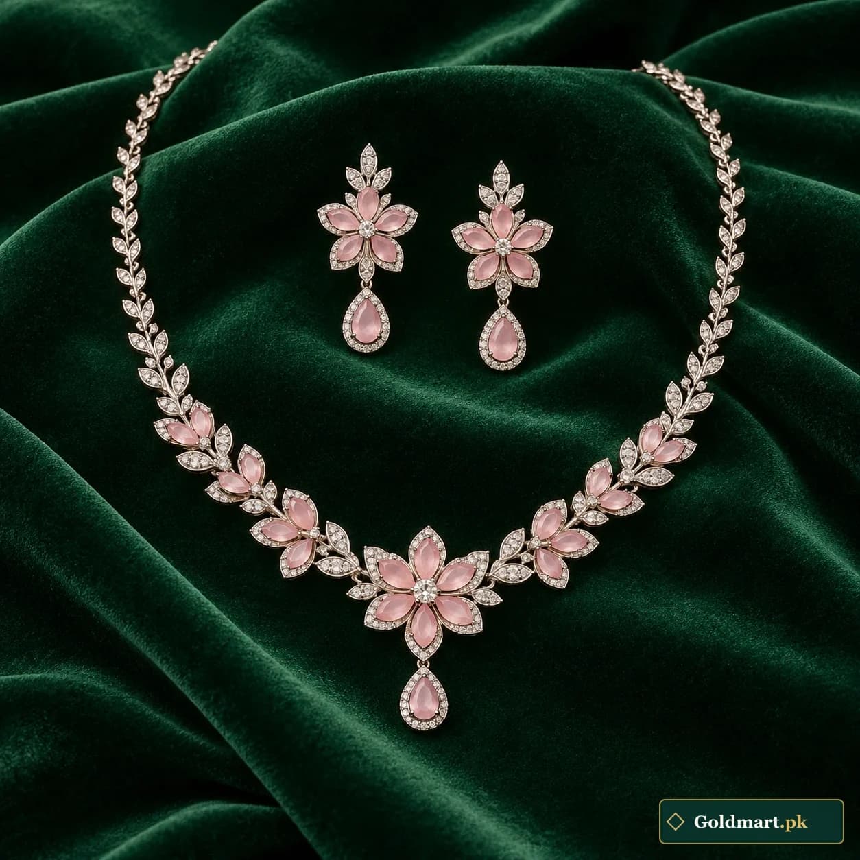 Iris Pink-Accent Silver Set: a matching silver-tone necklace and earrings with soft pink decorative centres inside petal-shaped frames