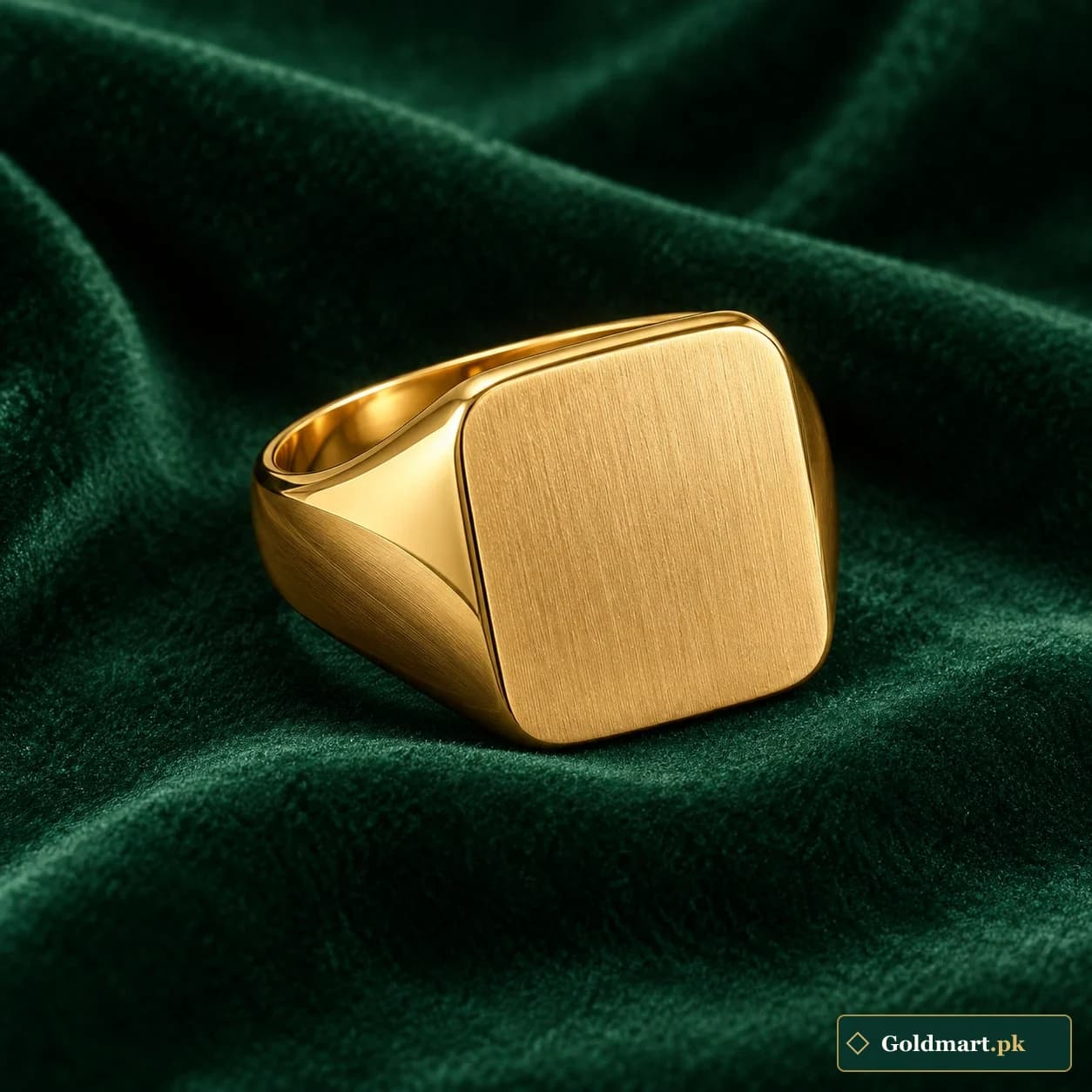 Rahil Brushed Square Ring: a gold-tone signet-style ring with a brushed square face and rounded shoulders