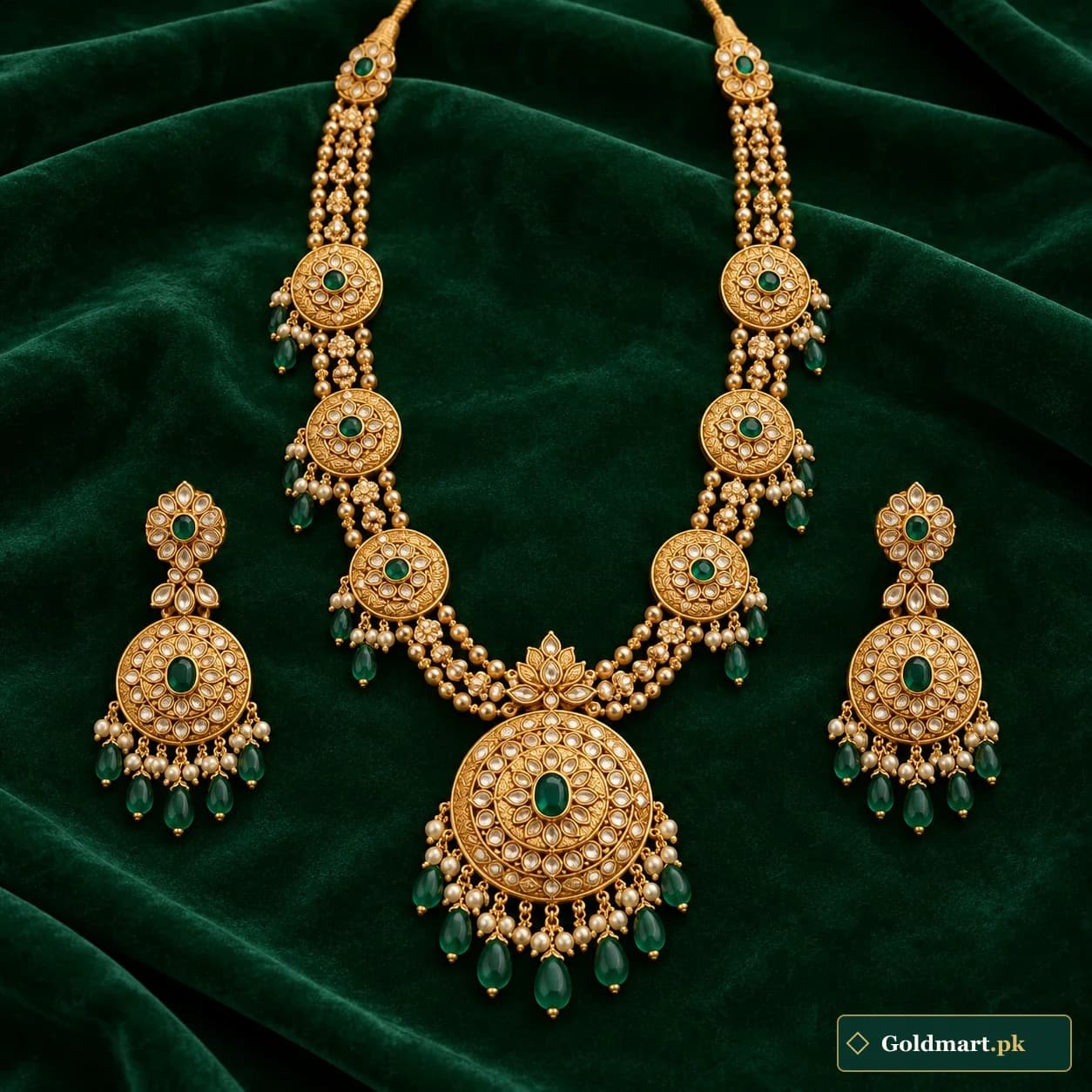 Dilara Medallion Bridal Haar: a long gold-tone bridal necklace and matching earrings with ornate circular medallions and paired side chains