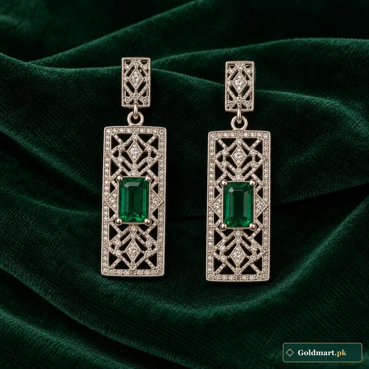 Rida Lattice Drop Earrings: a pair of silver-tone rectangular drop earrings with fine geometric latticework