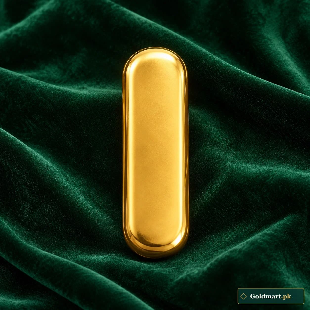 Gold Rounded Capsule Ingot: a long capsule-shaped gold-tone bullion form with semicircular ends and a smooth blank surface