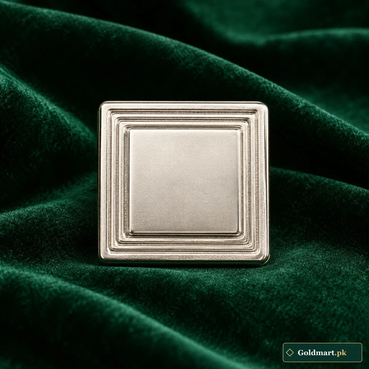 Silver Stepped Bullion Tile: a silver-tone square bullion form with a raised blank central panel and stepped border